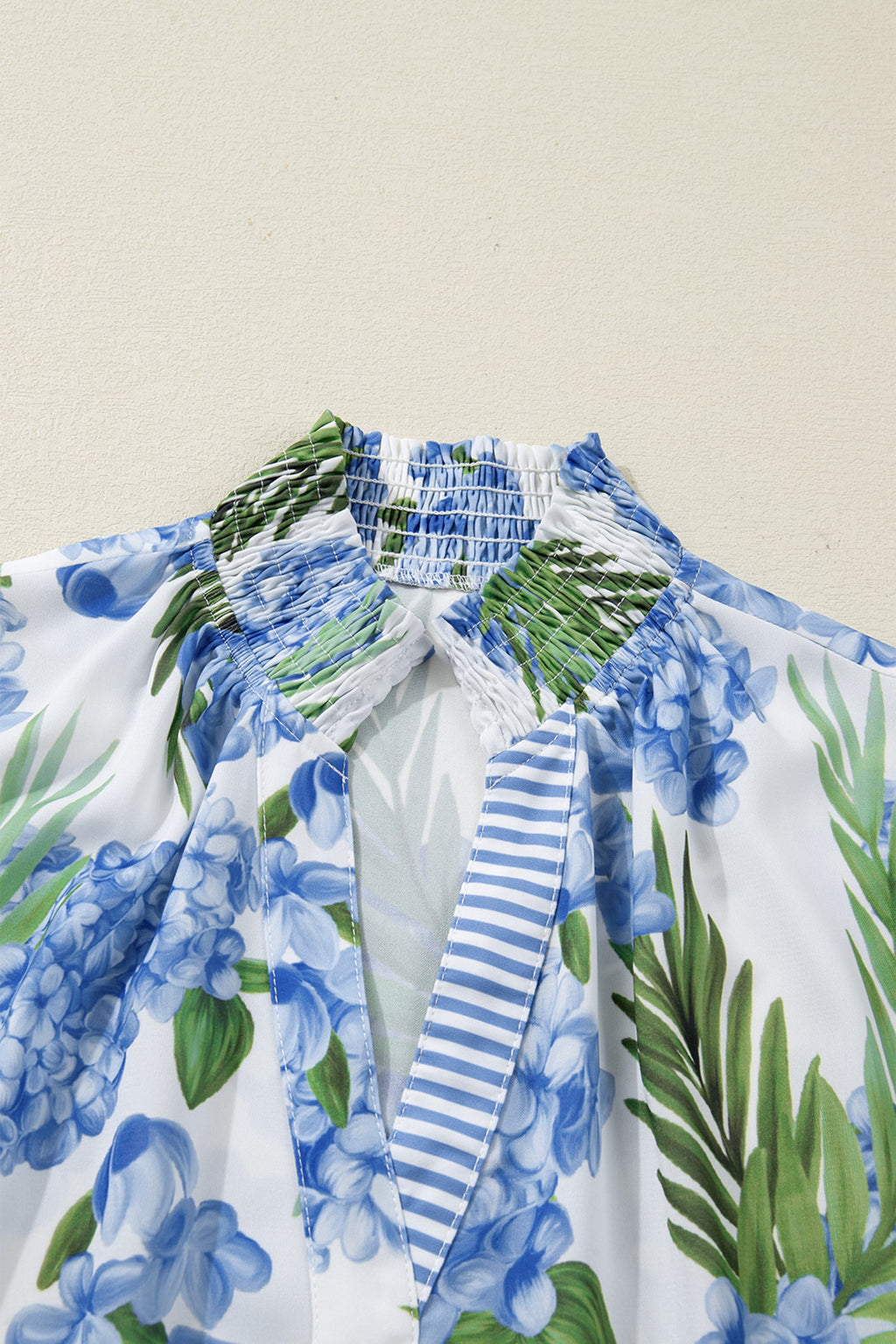 Sky Blue Palm Floral Print Striped Patchwork V Neck Short Sleeve Blouse