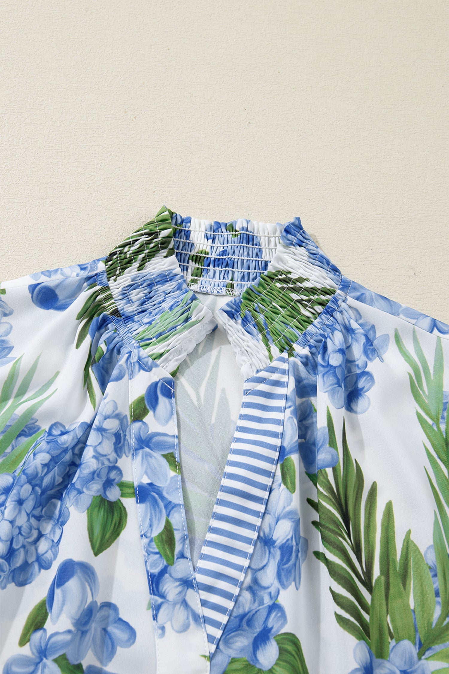 Sky Blue Palm Floral Print Striped Patchwork V Neck Short Sleeve Blouse