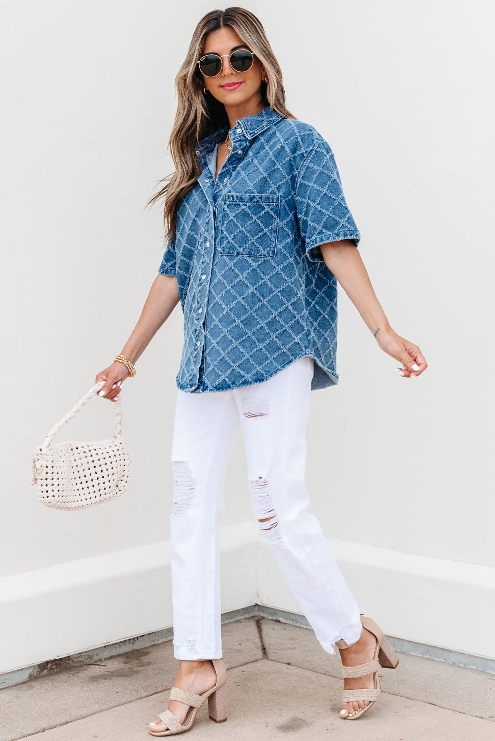 Violette Checkered Textured Short Sleeve