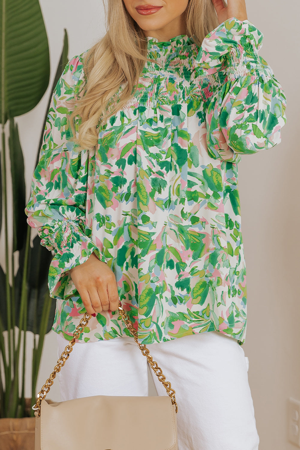 Milena Sleeve Shirred Mock Blouse