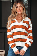 Valeria Stripe Ribbed Polo Collar Drop Shoulder Sweater