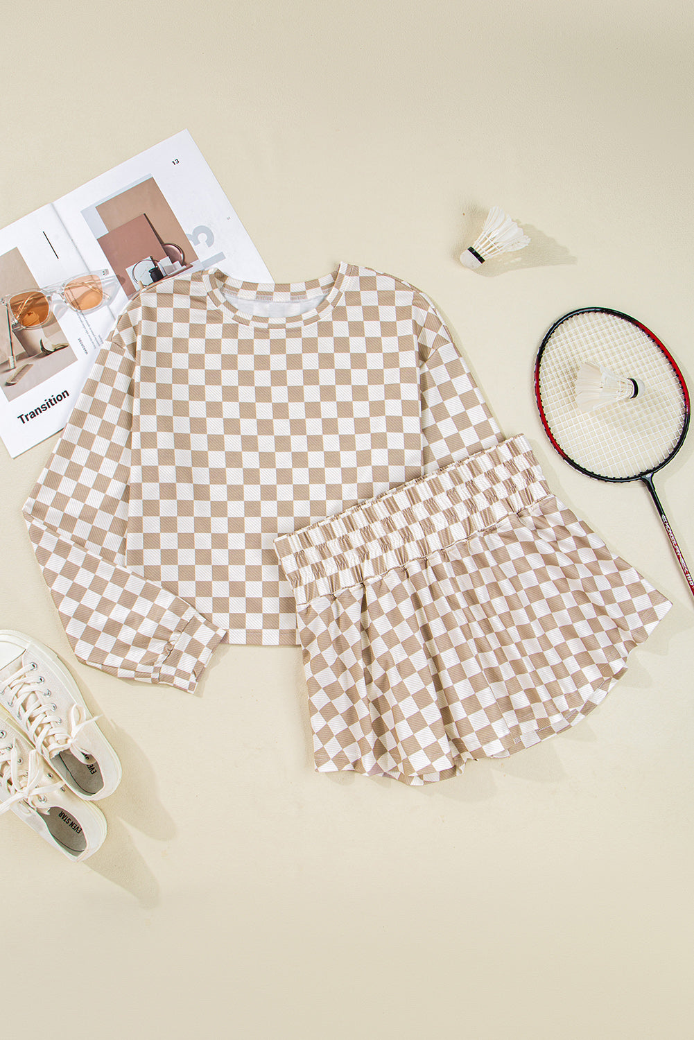 Emily Checkered Long Sleeve High Waist Skort 2pcs Set
