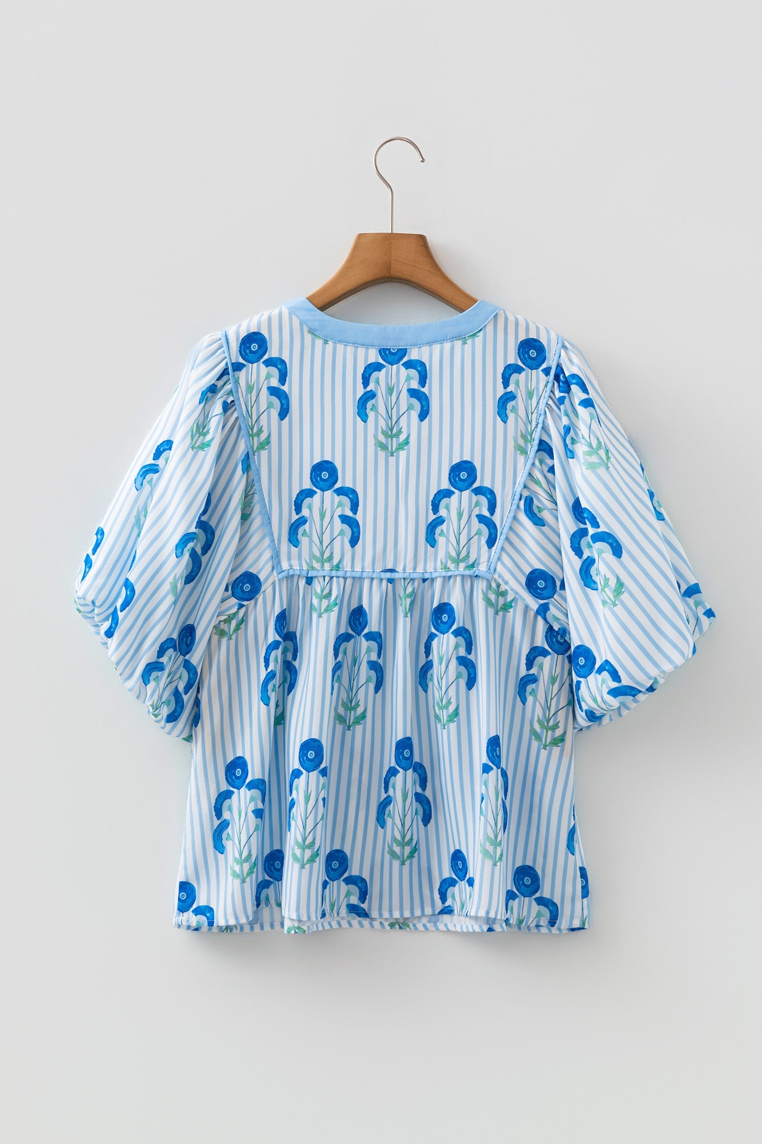 Sky Blue Floral Print Tie Neck Puff Sleeve Blouse