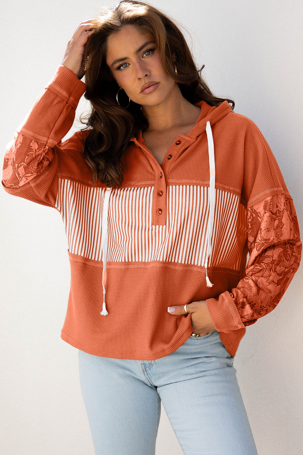 Taytum Patchwork Drawstring Hooded Long Sleeve Top