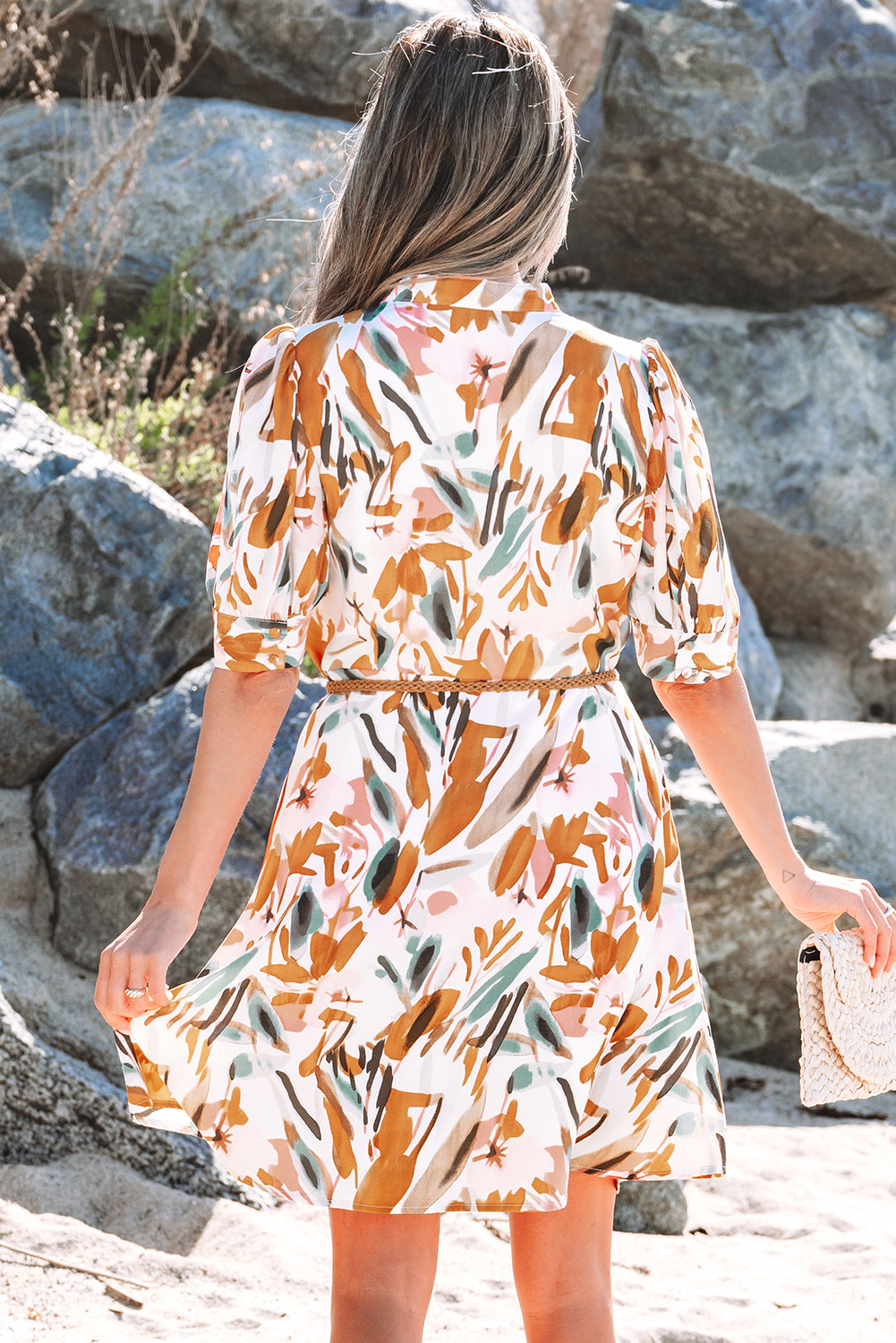 Christina Puff Sleeve Button Up Braided Belt Mini Dress