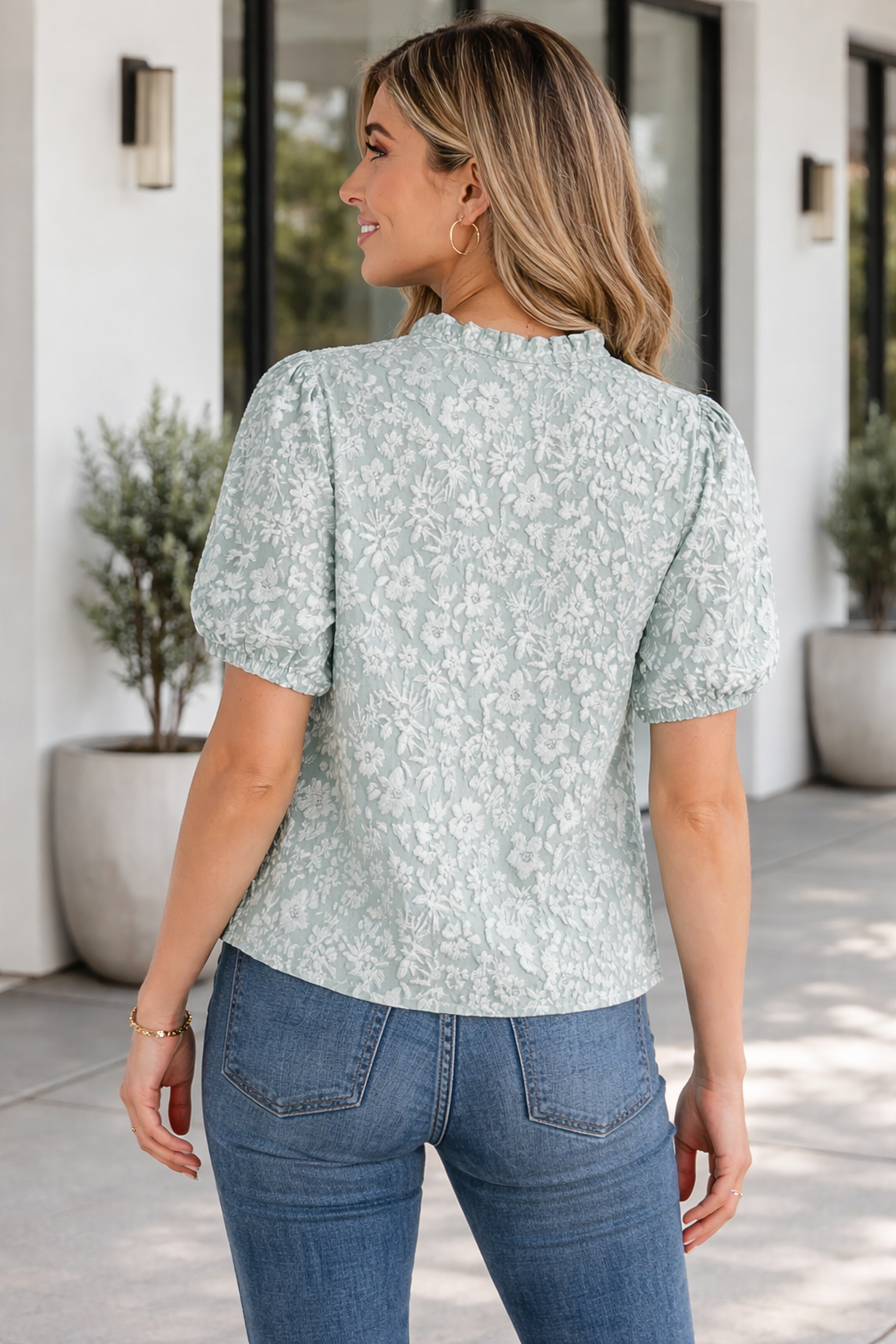 Adalyn Jacquard Puff Sleeve Blouse