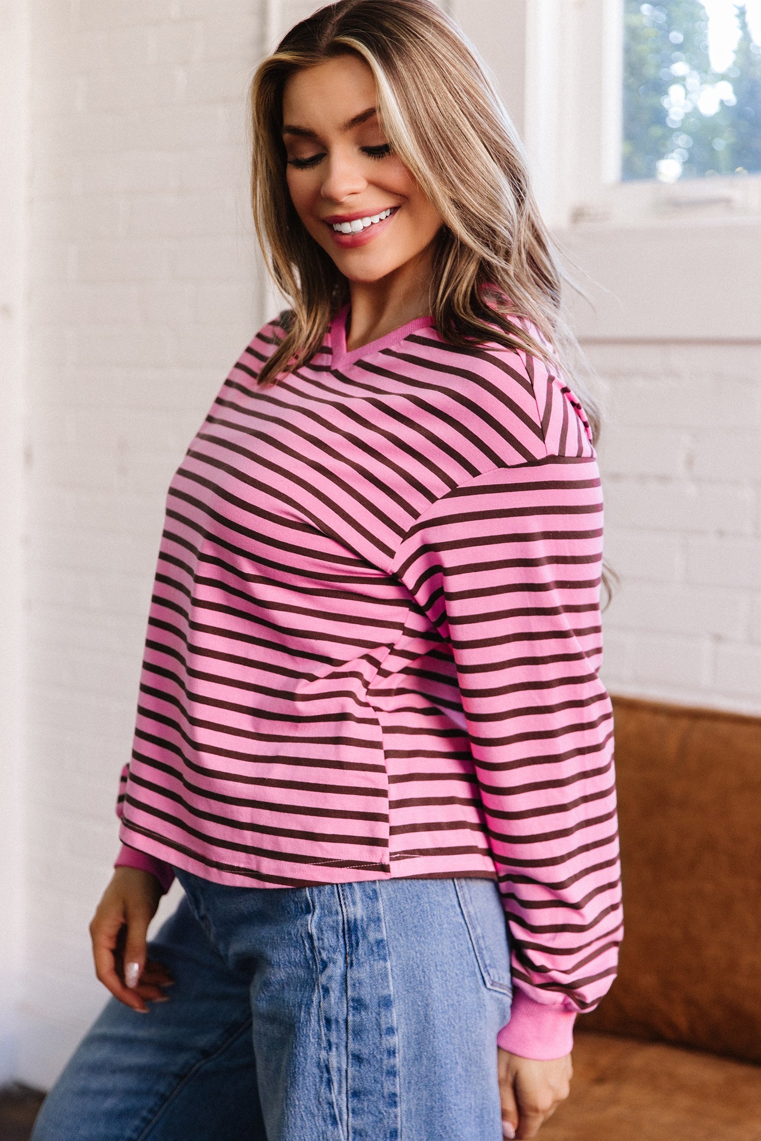 Novalee Stripe Drop Shoulder Long Sleeve Top