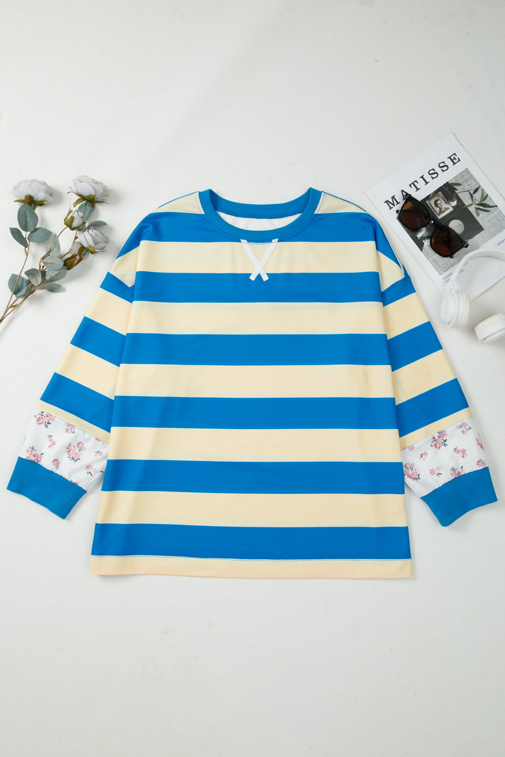 Blue Stripe Floral Color Block Drop Shoulder Plus Size Pullover Top