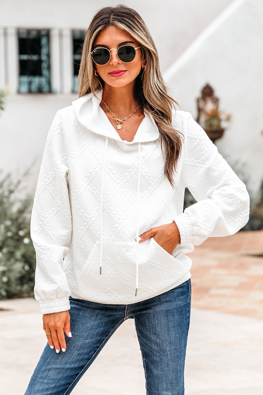 Magnolia Cable Lattice Texture Kangaroo Pocket Hoodie