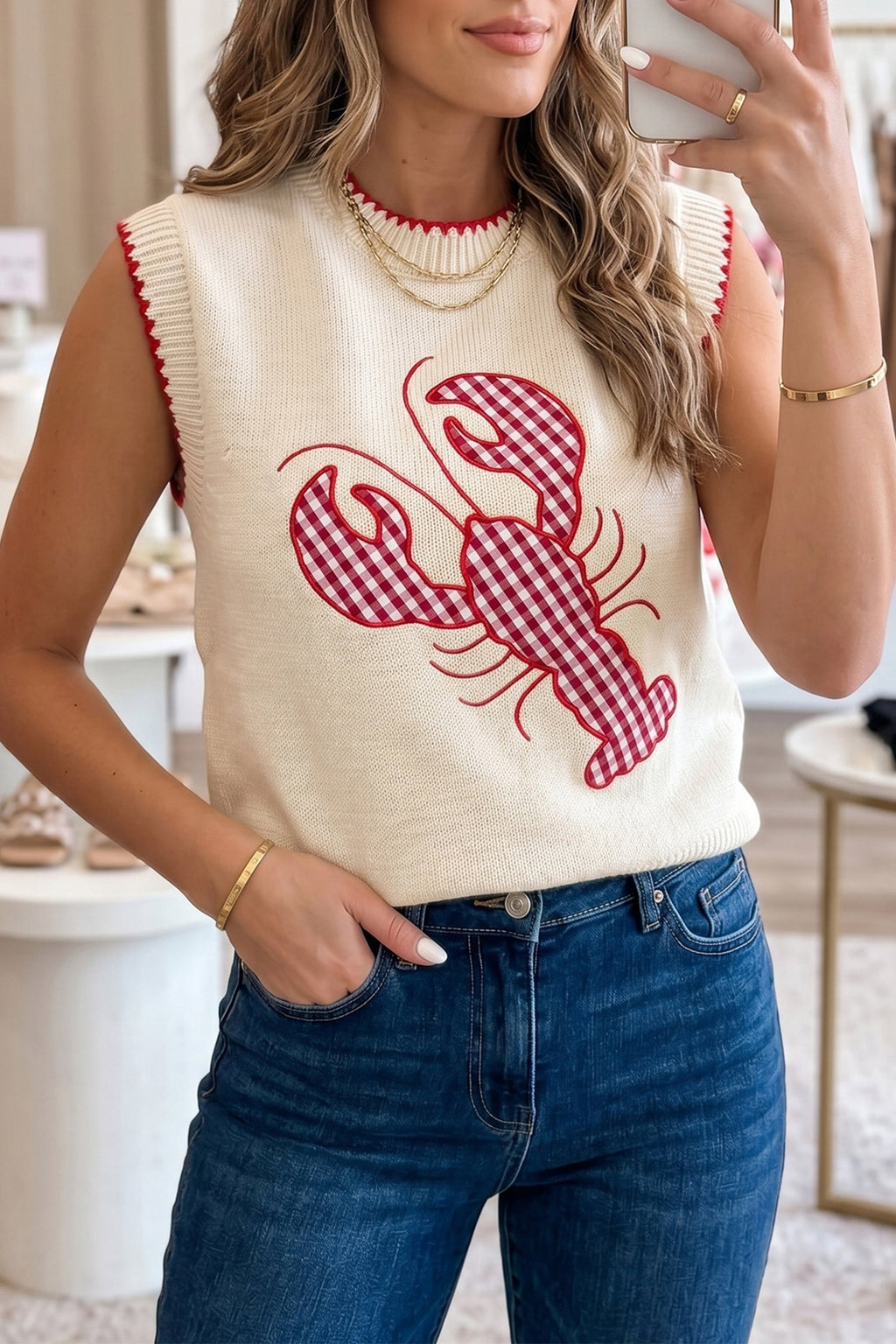 Emmeline Plaid Crawfish Knit Sweater