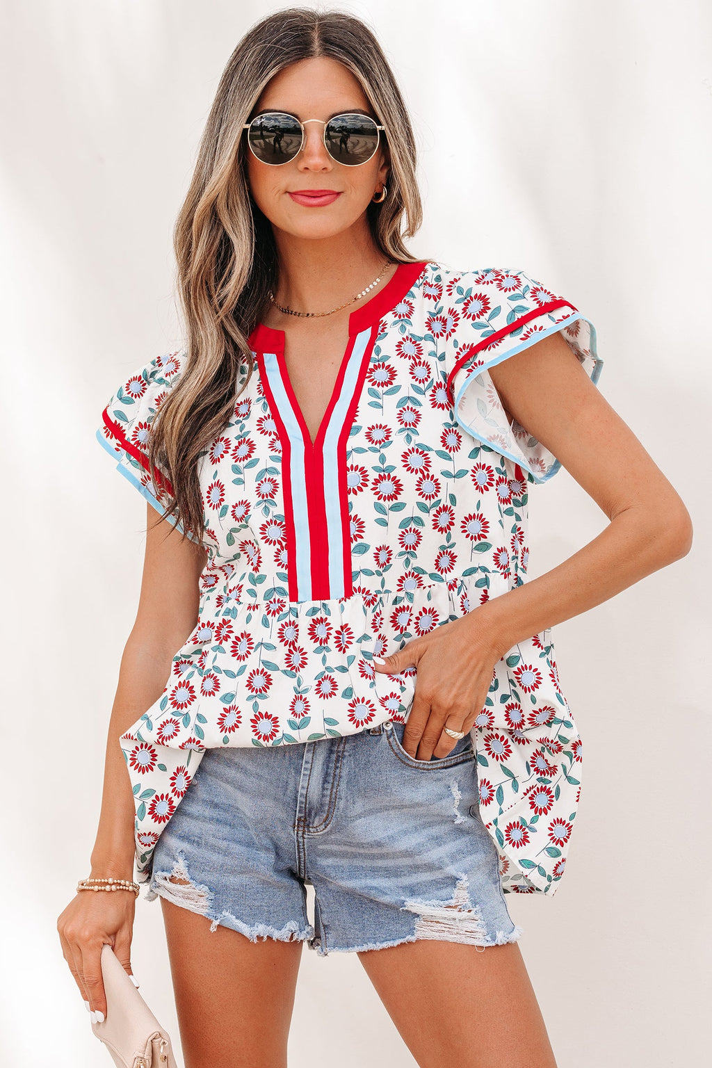 Avery Trim Flutter Sleeve Blouse