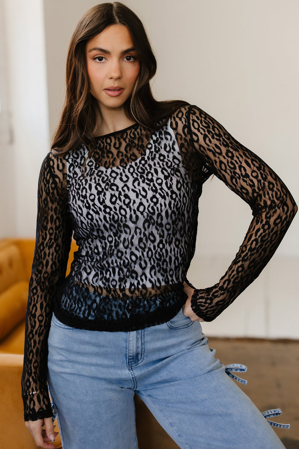 Denver Pattern Sheer Mesh Long Sleeve Top