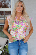 Savanna Ruffled Short Sleeve Notched Neck Blouse