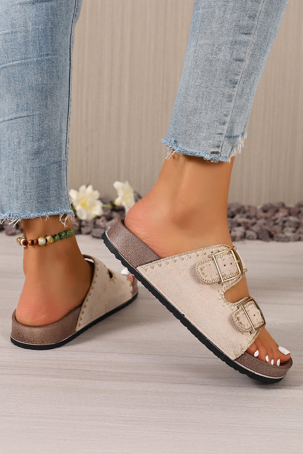 Leah Buckle Faux Suede Slippers