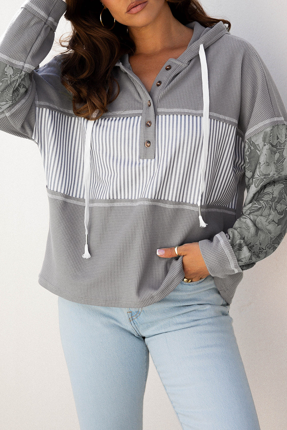 Taytum Patchwork Drawstring Hooded Long Sleeve Top