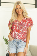 Raina Vintage Floral Ruffle Sleeve V Neck Blouse