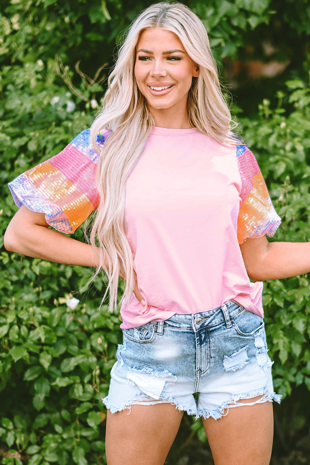 Colette Sequin Striped Puff Sleeve Top