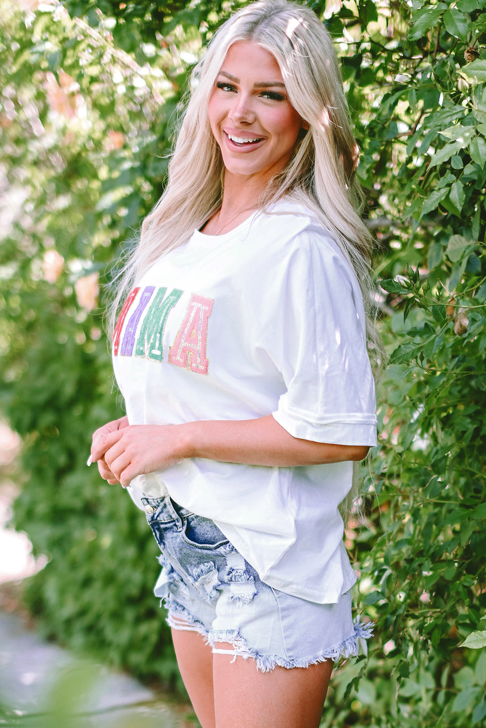 MAMA Chenille Patched Crew Neck Top