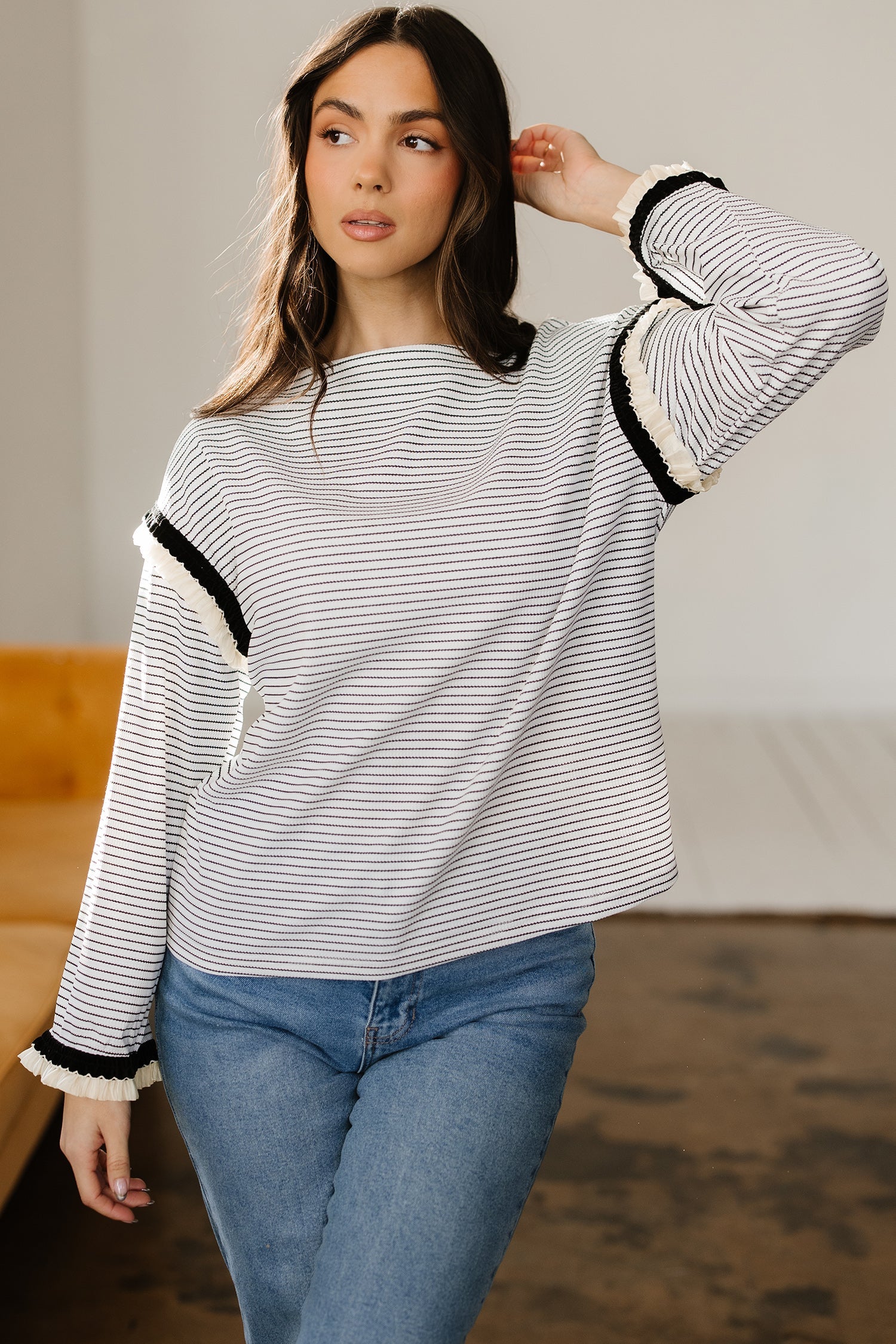 Anya Ruffle Trim Loose Long Sleeve Top