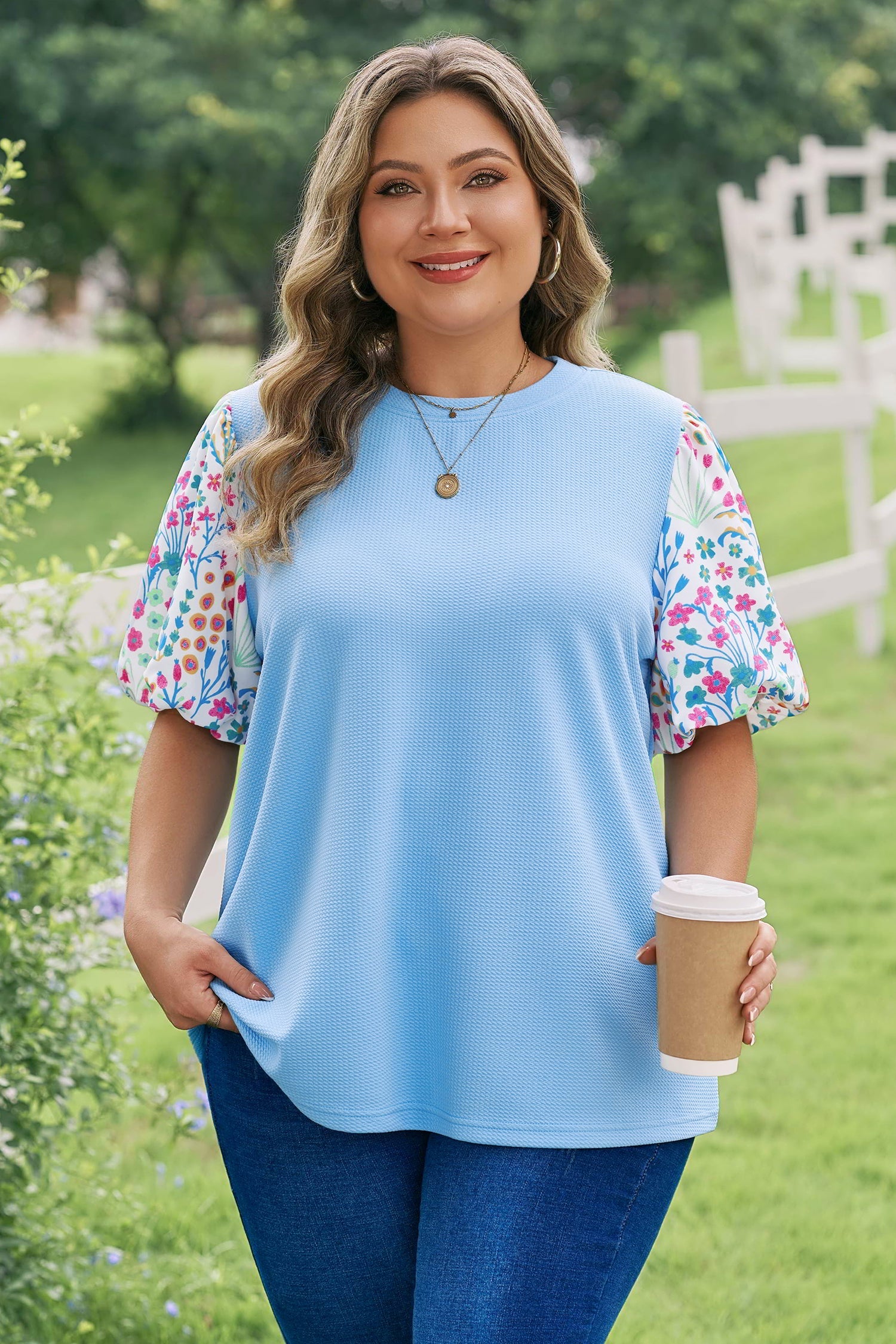 Raelynn Contrast Floral Sleeve PLUS Top