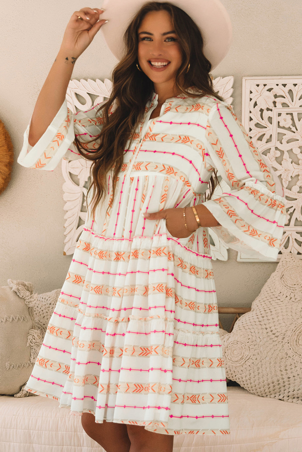 Winnie Bracelet Sleeve Slit Neck Ruffled Loose Dress