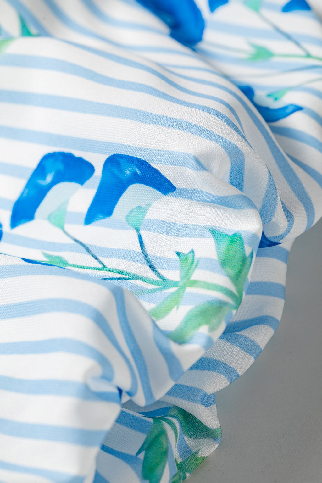 Sky Blue Floral Print Tie Neck Puff Sleeve Blouse