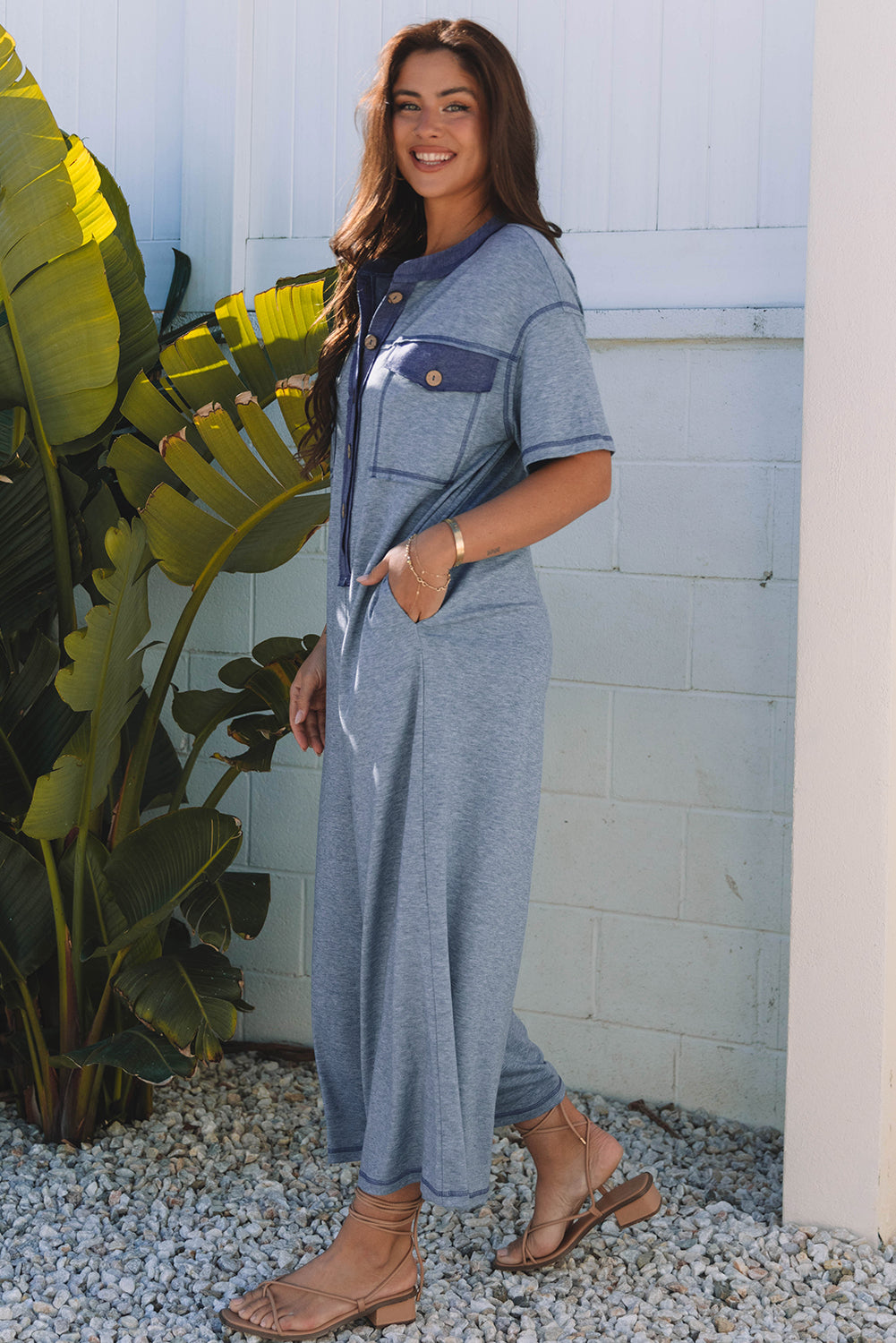 Emmie Half Placket Chest Pockets Wide Leg Jumpsuit
