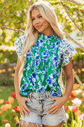 Elsa Floral Lace Trim Ruffle Sleeve Pleated Loose Blouse