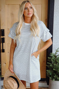 Briana Stripe Ruffled Short Sleeve T Shirt Dress