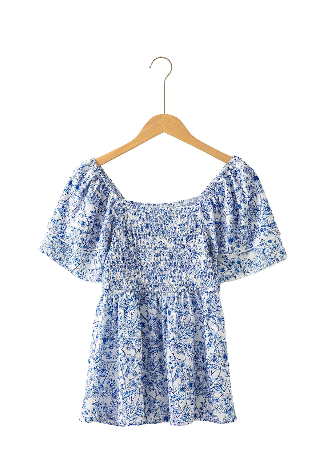Sky Blue Floral Print Square Neck Ruffled Sleeve Shirred Babydoll Blouse
