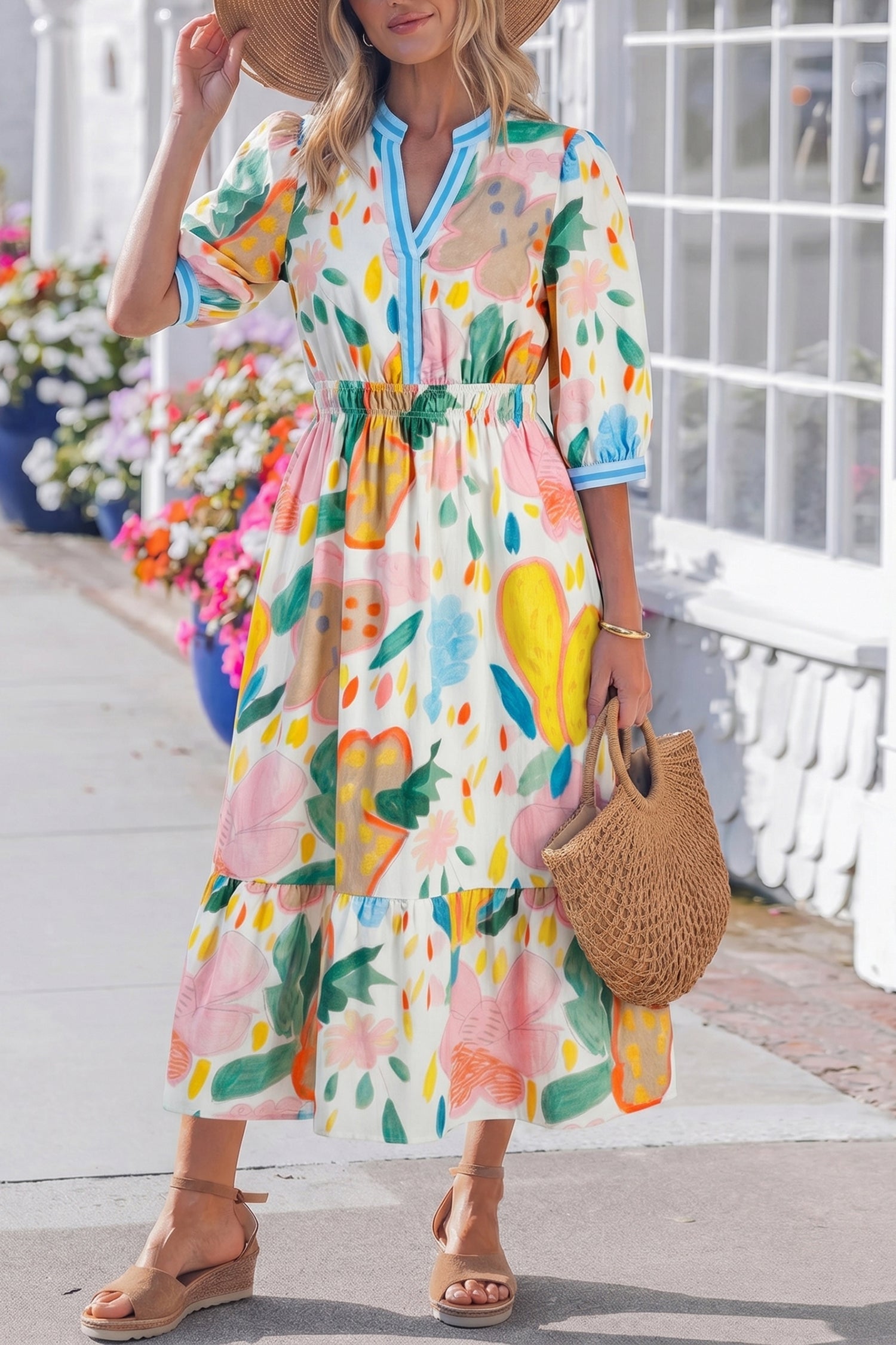 Angel Striped Trim Midi Dress