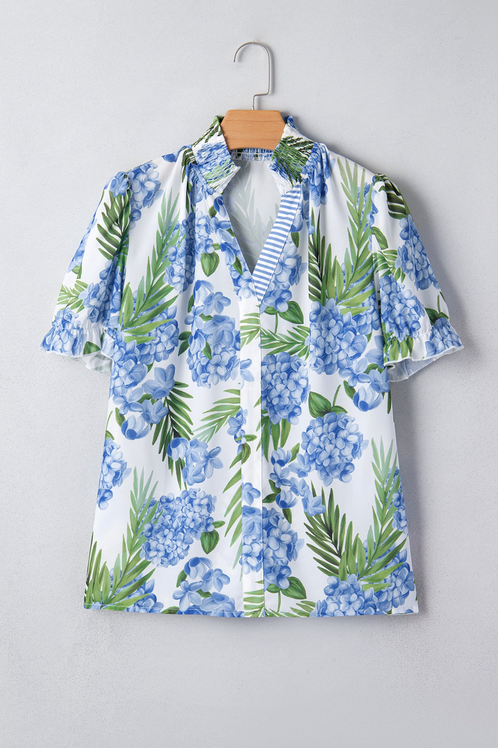 Sky Blue Palm Floral Print Striped Patchwork V Neck Short Sleeve Blouse