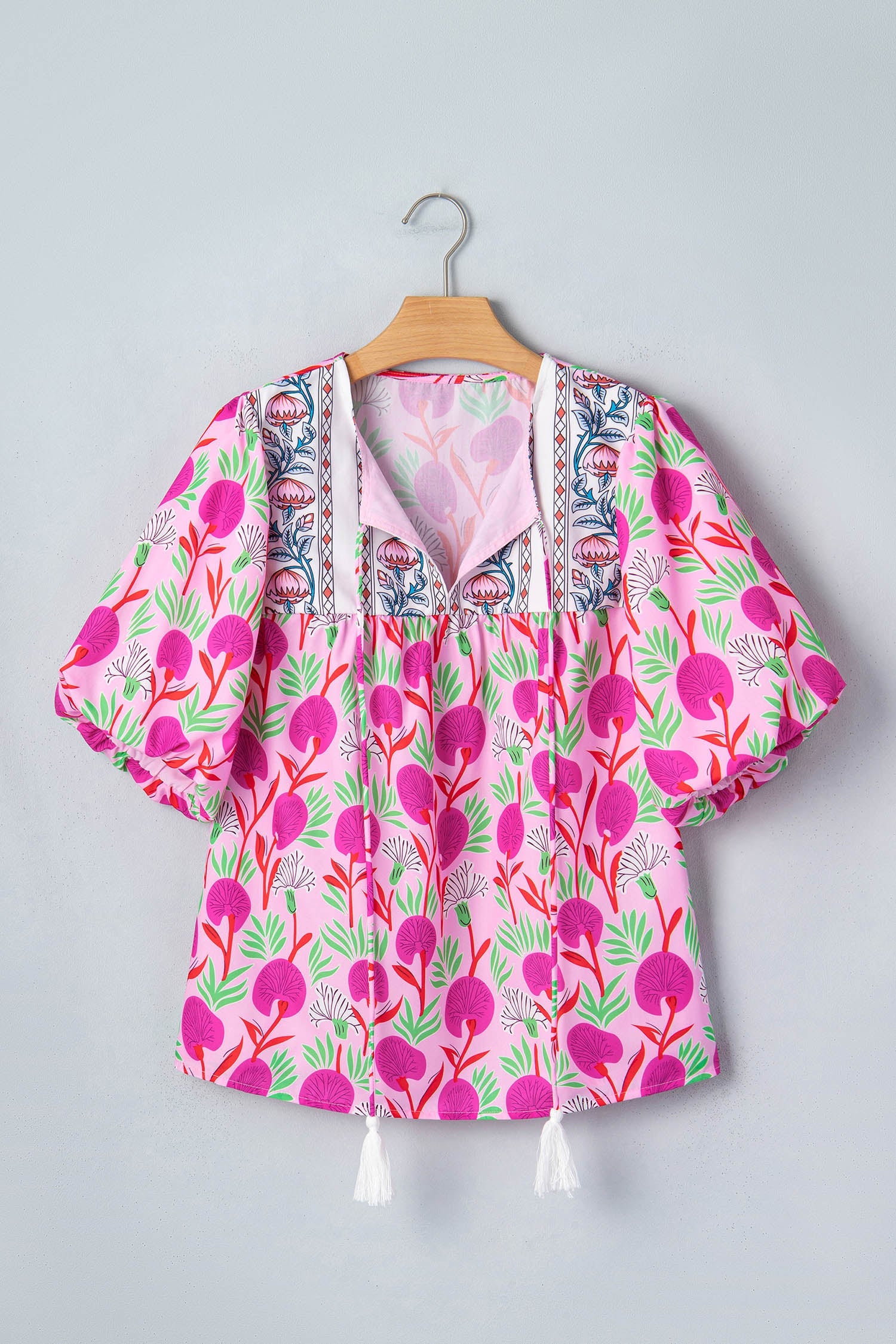 Jade Patchwork Tassel Tie Blouse