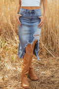 Alexis Irregular Distressed Bottom Denim Midi Skirt
