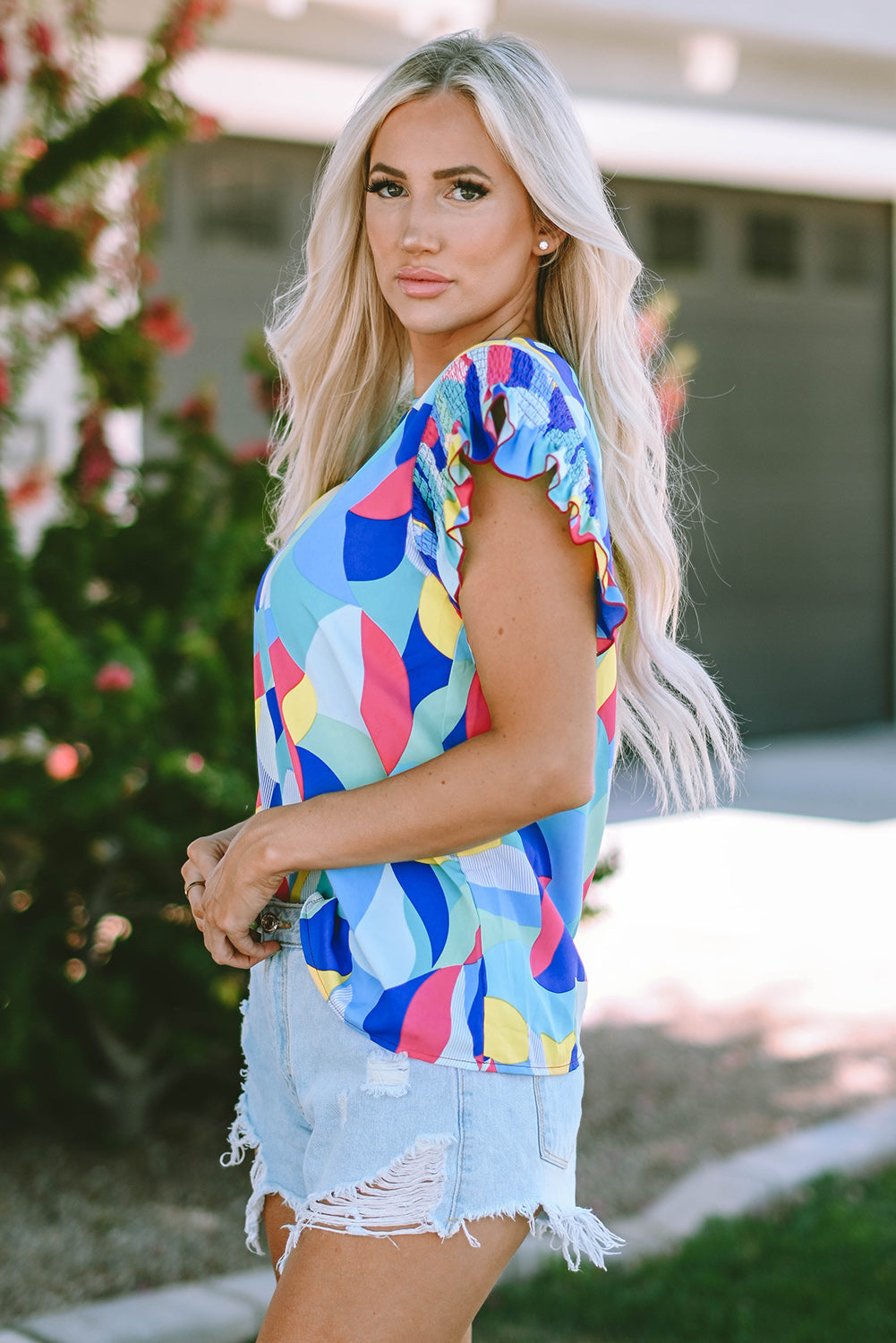 Micah Stitching Ruffle Sleeve Blouse