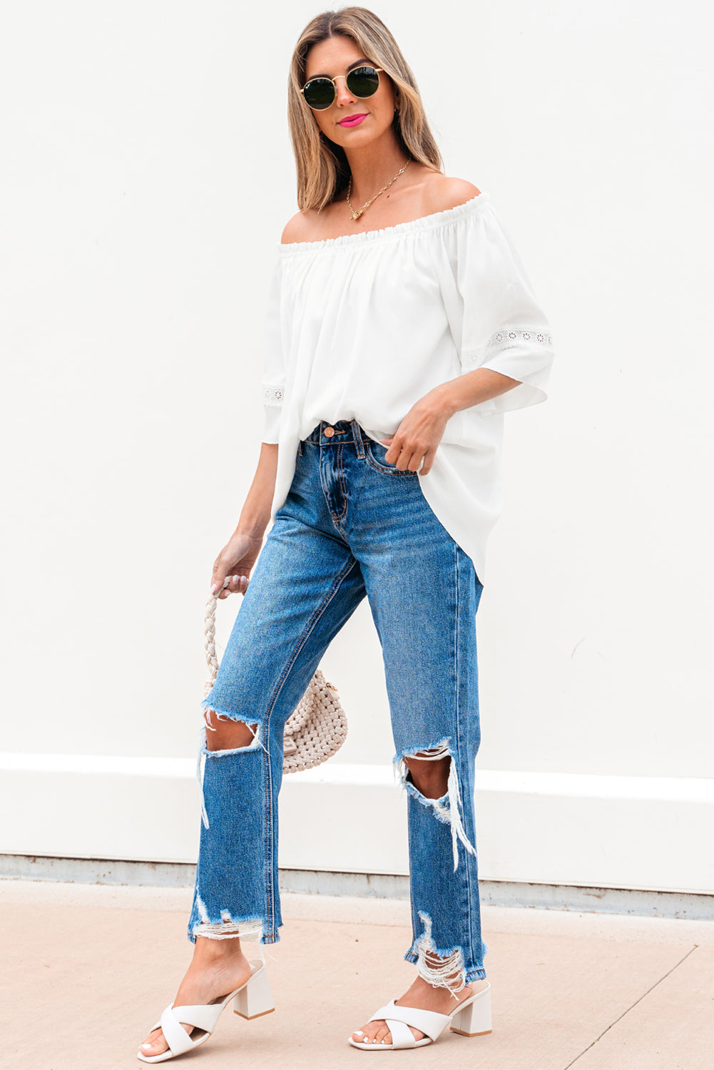 Bellamy Frilly Off Shoulder Lace Insert Sleeve Textured Blouse