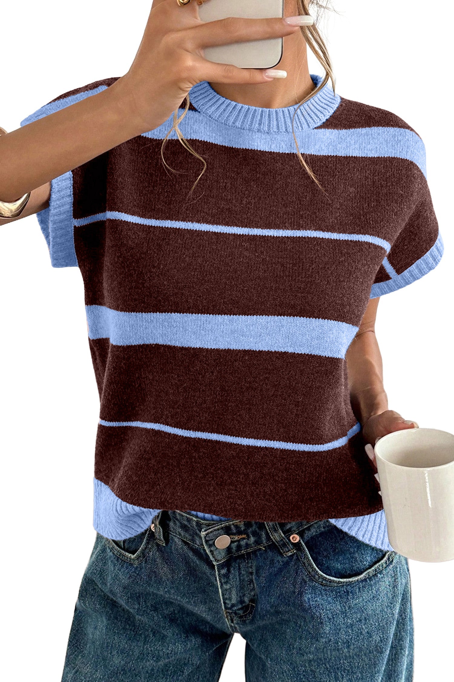 Sky Blue Stripe Striped Short Sleeve Round Neck Casual Knit Top