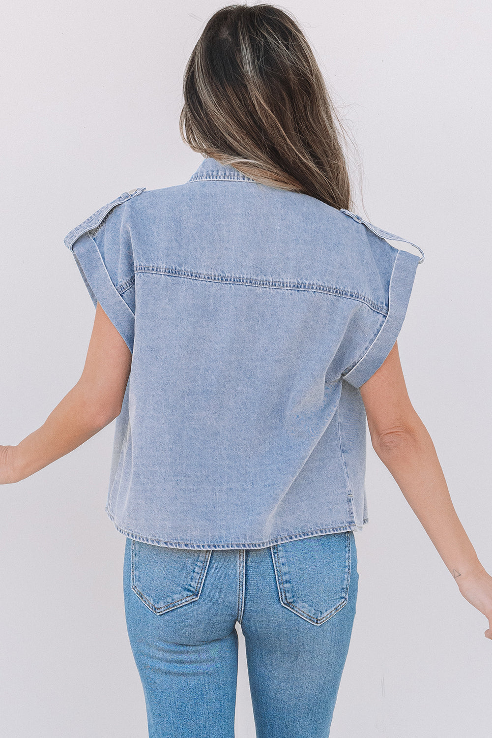 Emelia Denim Pinup Folded Cap Sleeve Shirt