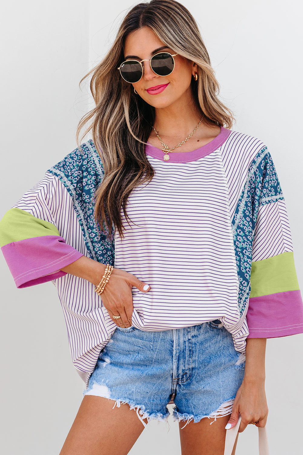 Kyra Patchwork Bracelet Sleeve Blouse