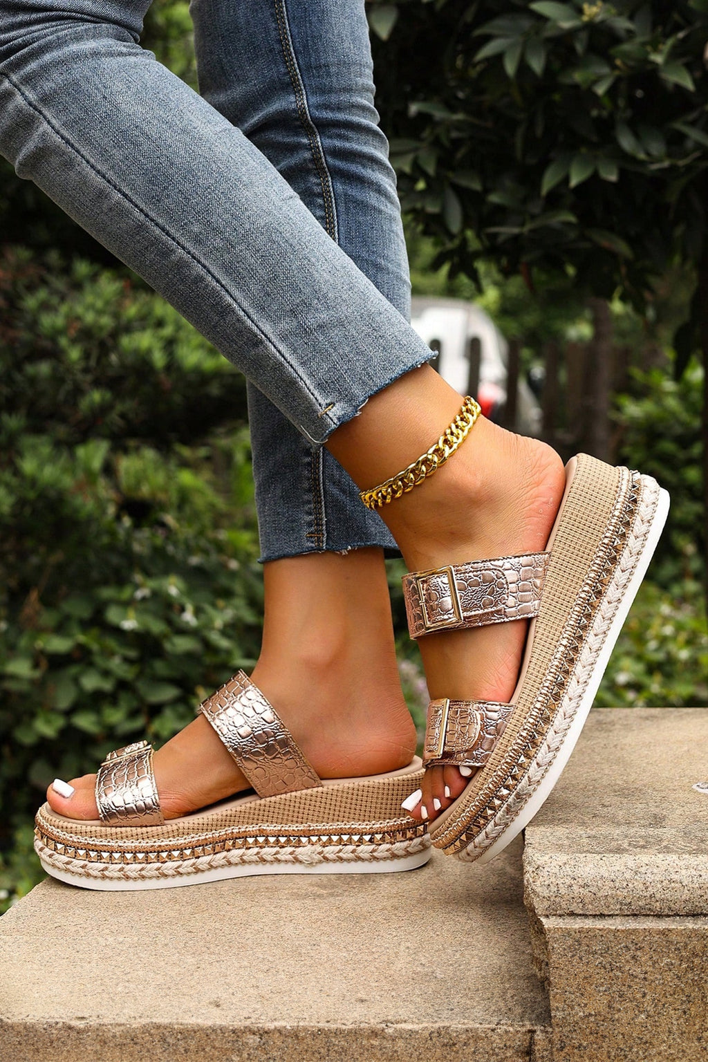 Cattleya Buckle Wedge Platform Slippers