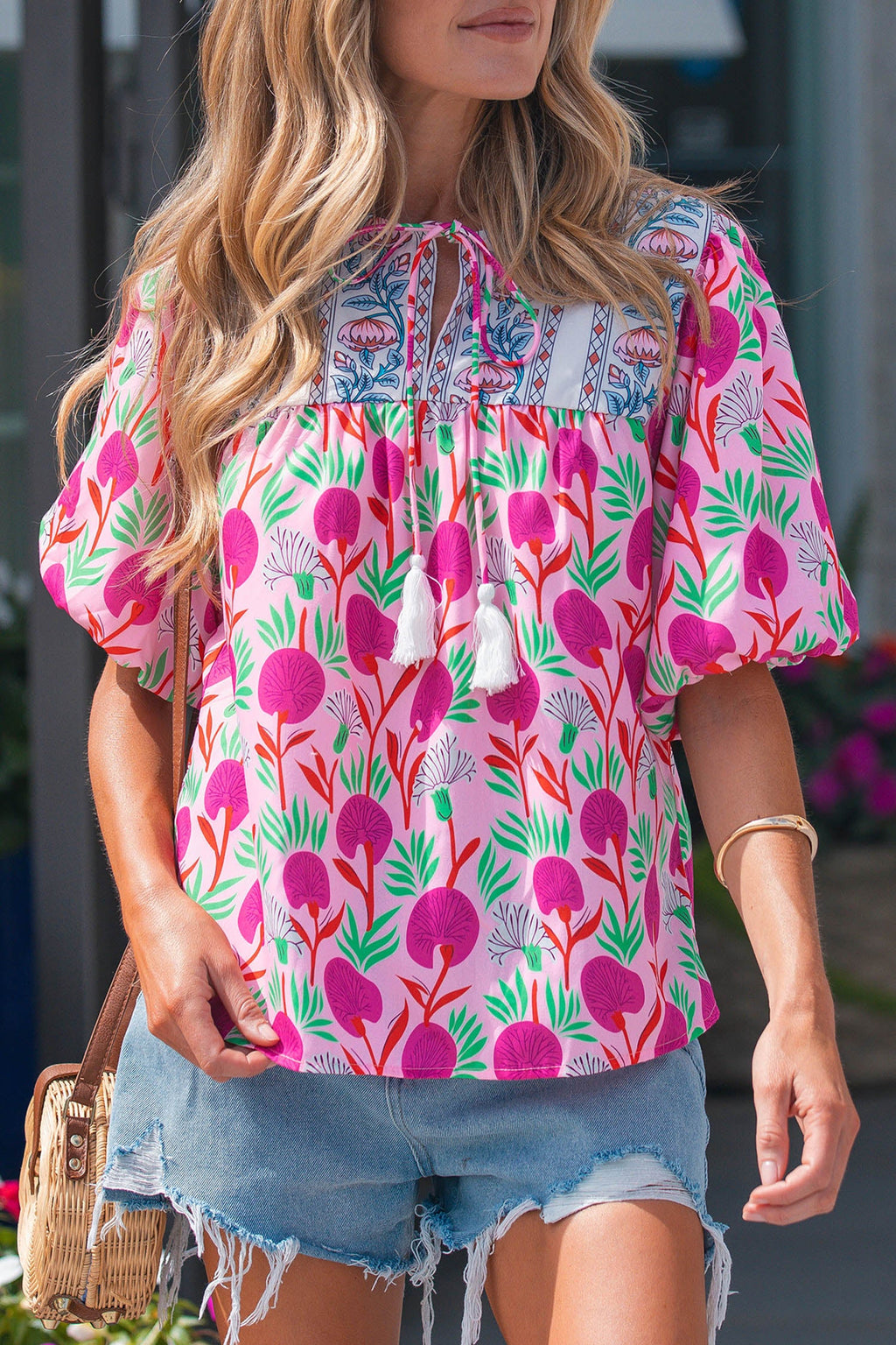 Jade Patchwork Tassel Tie Blouse