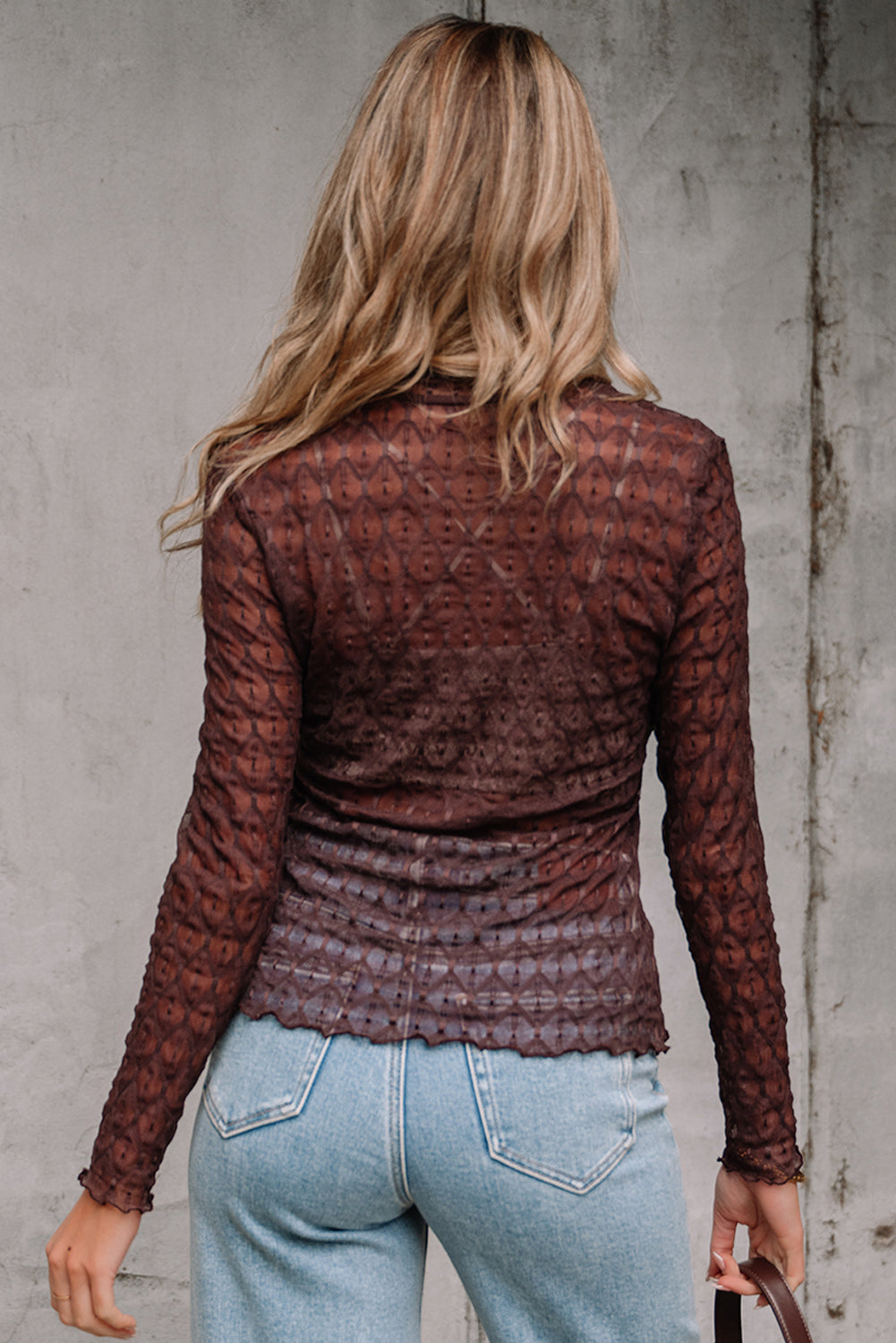 Ruth Sheer Mesh Patterned Lettuce Trim Top