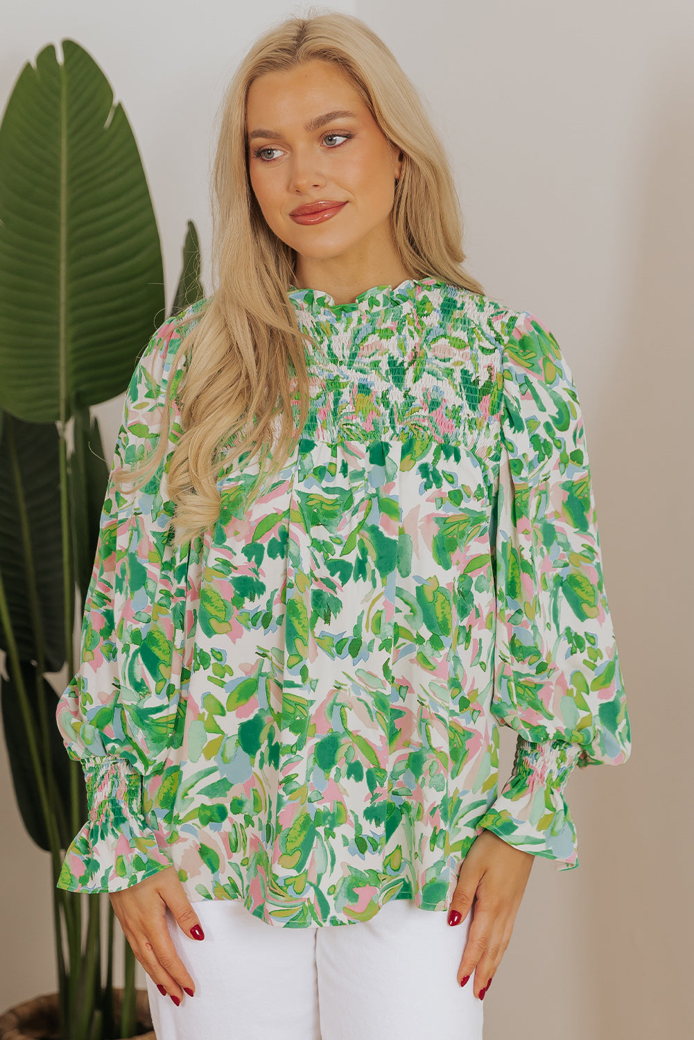 Milena Sleeve Shirred Mock Blouse