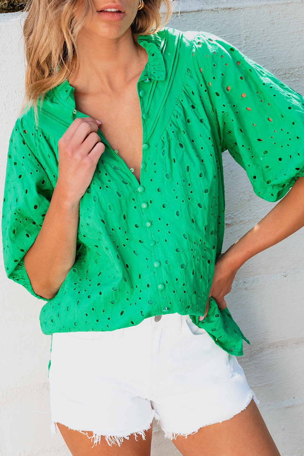 Arielle Embroidered Hollow-out Puff Sleeve Blouse