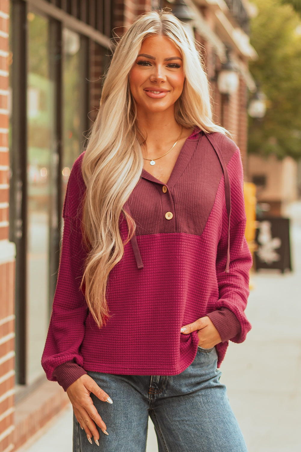 River Waffle Hooded Long Sleeve Top
