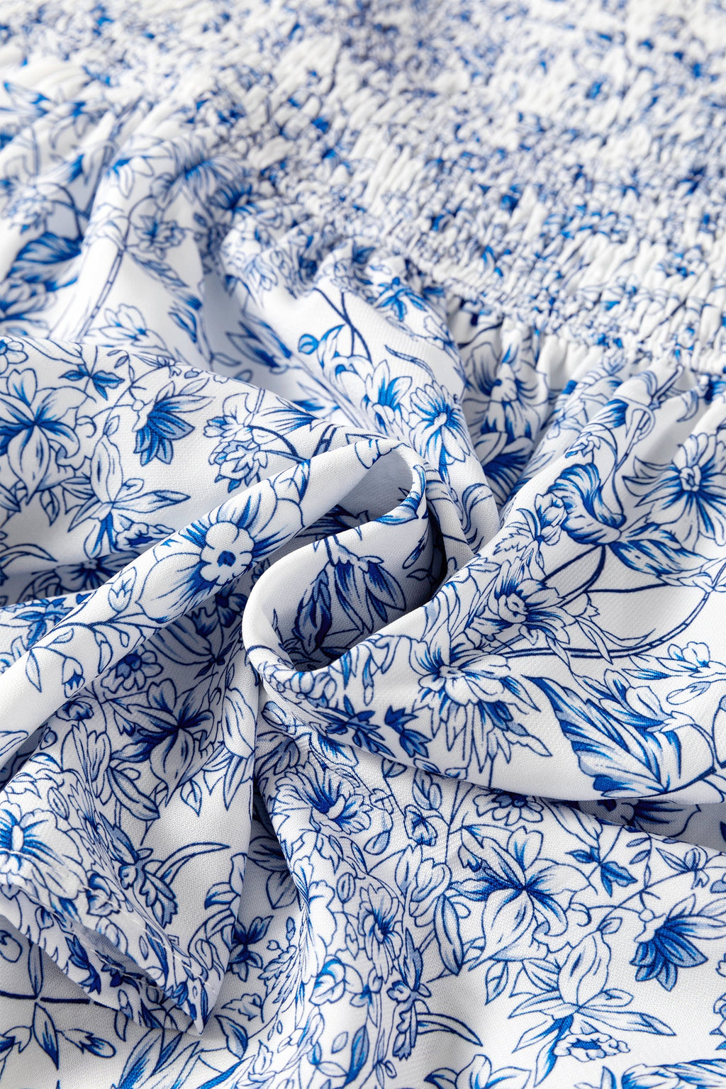 Sky Blue Floral Print Square Neck Ruffled Sleeve Shirred Babydoll Blouse