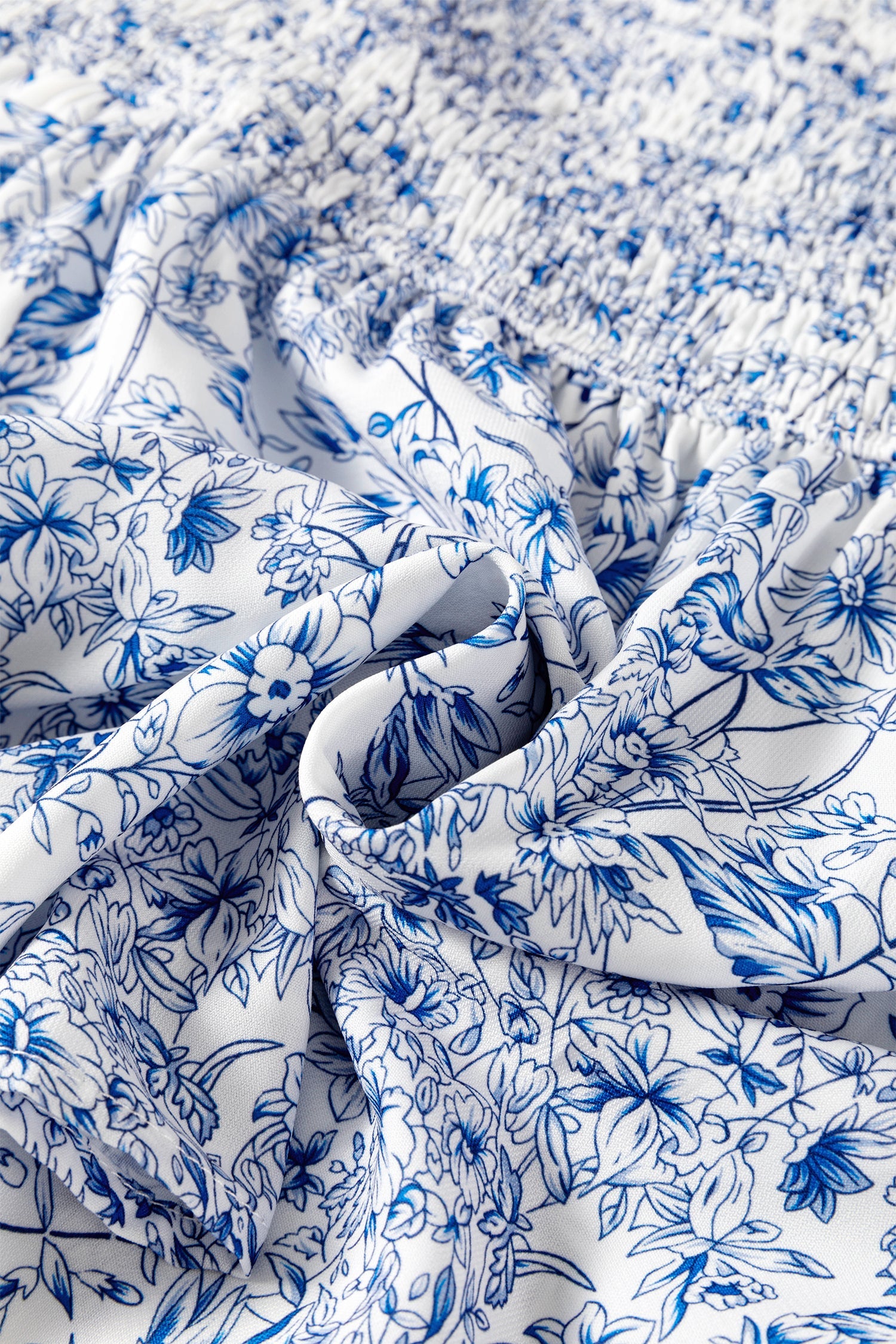 Sky Blue Floral Print Square Neck Ruffled Sleeve Shirred Babydoll Blouse